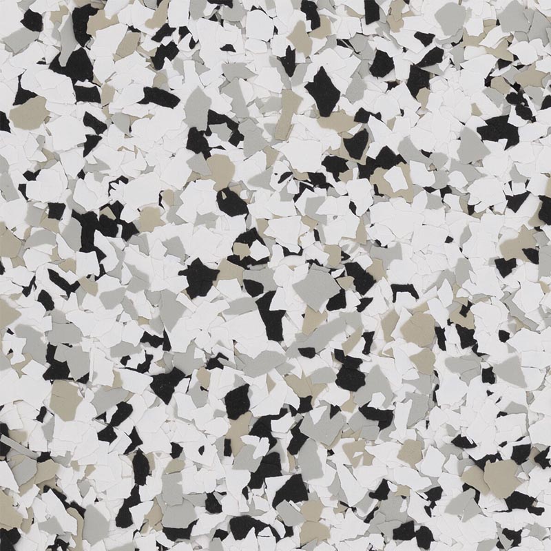 Torginol Quicksilver flake blend — high-contrast white, black, grey with tan accents