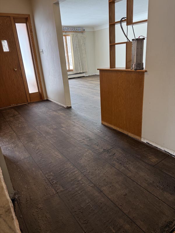 Residential hallway with dark wood-plank stained concrete floor finish